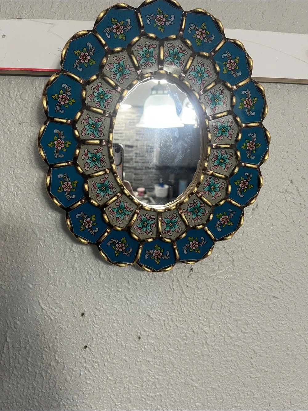 Hand-Painted Teal Floral Decorative Wall Mirror - Unbranded